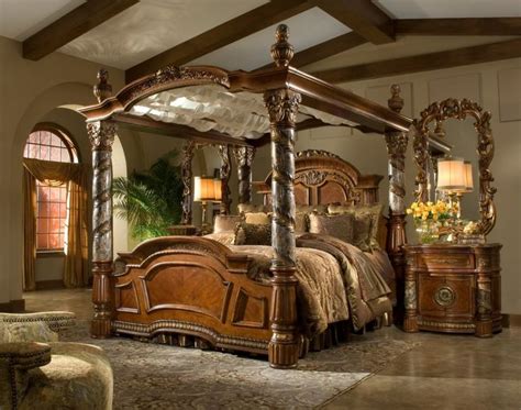 Victorian Style Brown Glaze Wooden Canopy Bed With Carved Poles Using