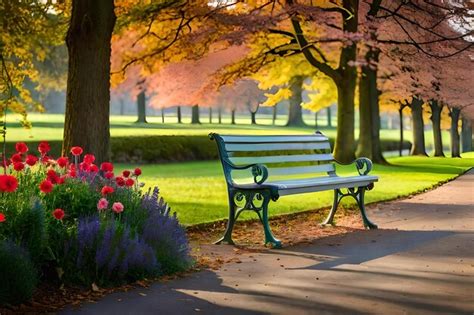 Premium Photo A Park Bench With Pink Flowers And A Few Trees In The