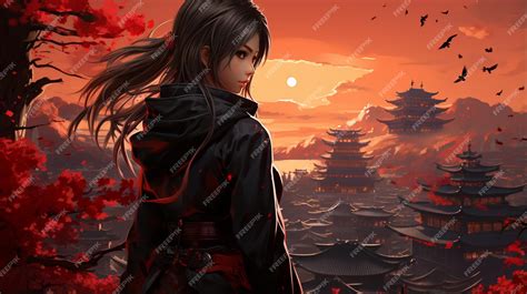 Premium AI Image | Anime girl young ninja girl on japan monument background