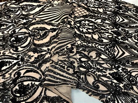 Black Damask Sequin Design On A Way Stretch Nude Mesh Dresses Prom Nightgown Sold By The Yard