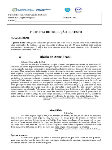 Produção De Texto Diario Pessoal - Produção de Texto: Diário Pessoal 6º Ano | PDF