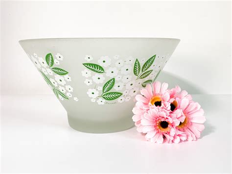 Vintage Large Frosted Glass Bowl Pasinski Green Leaves And White Flowers Punch Salad Serving Mid