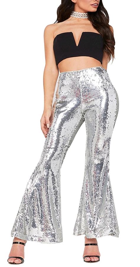 Dingang Womens Glitter Sequin Bell Bottom High Waist Flared Stretch