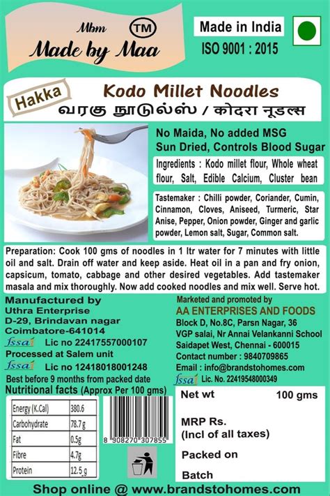 Hakka Kodo Millet Noodles Packaging Size 100g At Rs 60 Gram In Chennai