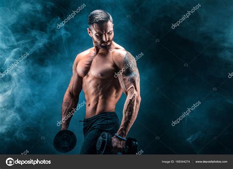 Young Ripped Man Bodybuilder With Perfect Abs Shoulders Biceps