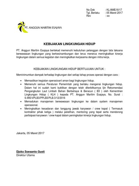 Kebijakan Lingkungan PT Anggun Maritim | PDF | Bisnis | Sains & Matematika