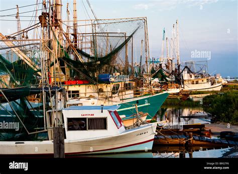 Shrimp Boats Lined Up At Dock In Cameron Louisiana On The Gulf Of