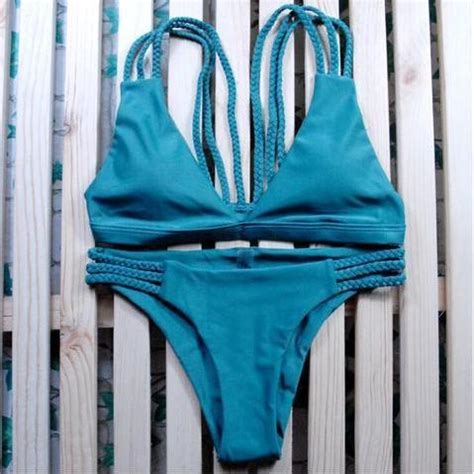 Sexy Fashion Pure Dark Blue Braid Three Straps Two Piece Bikini On Luulla