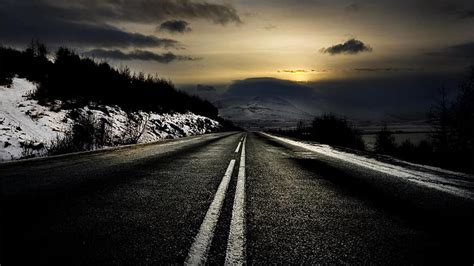 HD wallpaper: winter, sunset, evening, road, endless, asphalt, sky ...