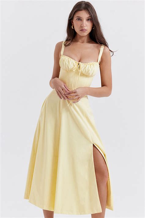 Vintage Tie Front Lace Up Back Fit And Flare Split Midi Sundress Yello