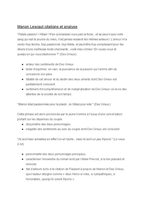 Analyse et citations de "Manon Lescaut" - Étude littéraire approfondie