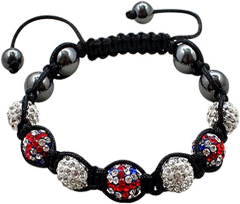 Bracelet Style Shamballa Unisexe Cristal Hématite Blanc et Drapeau