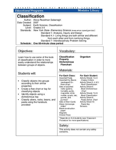 Classification Lesson Plan For 3rd 8th Grade Lesson Planet