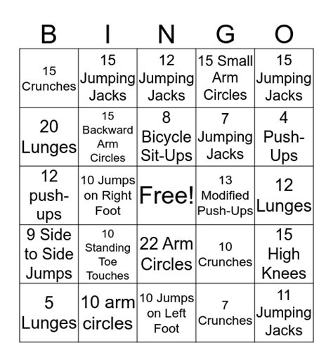 Workout Bingo Bingo Card