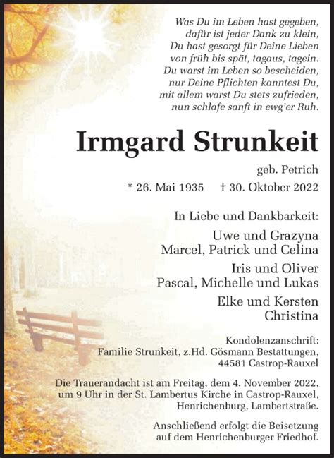 Traueranzeigen Von Irmgard Strunkeit Sich Erinnern De