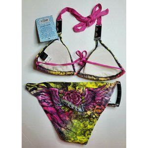 Affliction Swim New Sinful By Affliction Hydrogen Pyramid Swimsuit Bikini Set Pink Size M