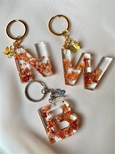 Custom Resin Initial Letter Keychain With Flakes A Z Etsy