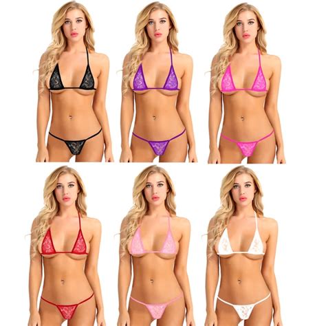 Sexy Durchsichtige Damen Dessous Set Mit Spitze Micro Mini Bikini Bh G String Nachtw Sche Hei