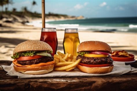 Dos Hamburguesas En Una Mesa Con Cerveza Y Una Playa Al Fondo Foto