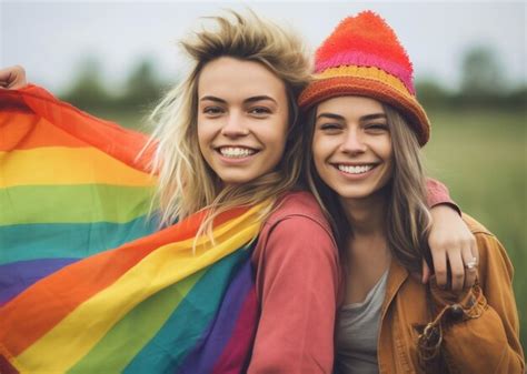 Una Hermosa Pareja Lesbiana Gay Feliz Con Los Colores Del Arco Iris En Un Campo De Flores Mes