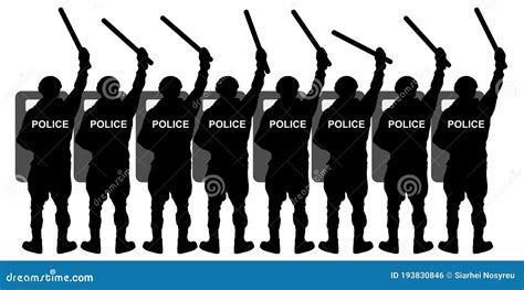 Crowd Of Riot Police Special Forces With Shields And Batons Silhouette