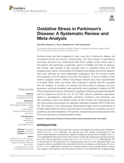 Pdf Oxidative Stress In Parkinsons Disease A Systematic Review And