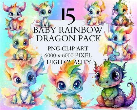 15 Baby Rainbow Dragon Pack Clipart Png Full Commercial Use Fantasy