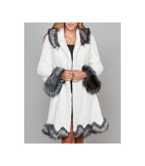 Cambridge White Mink Fur Princess Coat With Silver Fox Fur Trim