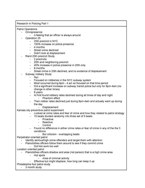 Week 11 Notes CCJS340 Research In Policing Part 1 Patrol Operations