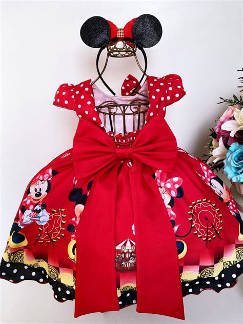 Vestido Infantil Minnie Vermelha Bolinhas Brancas Laço Rosa