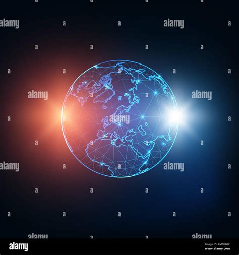 Futuristic Glowing Low Polygonal Planet Earth Globe Map With Red And