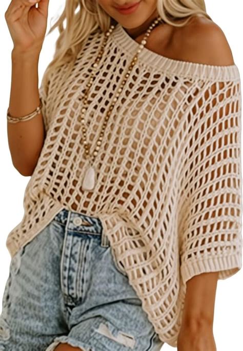 Dokotoo Womens Summer Scoop Neck Short Sleeve Sweater Casual Crochet