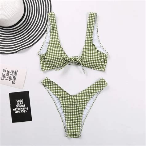 Sexy Plaid Bikini Set Swimsuit Women Micro Thong Swimwear Black White