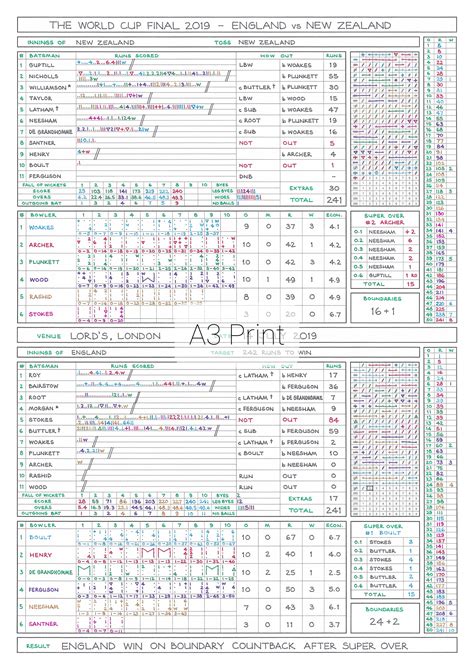 WORLD CUP FINAL 2019 Cricket Scorecard England vs New | Etsy