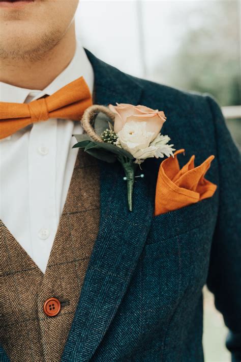 Groom Suit Navy Jacket Tweed Waistcoat Orange Bow Tie Rose Buttonhole