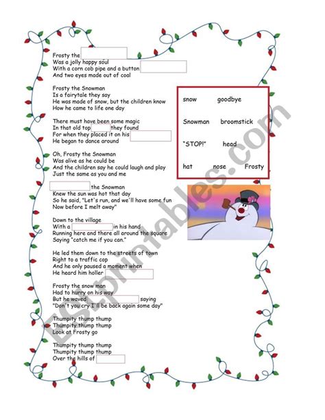 Frosty The Snowman Lyric Gap Fill Activity Esl Worksheet By Rosiegraves