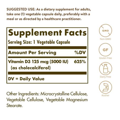 Solgar Vitamin D3 Cholecalciferol 125 Mcg 5 000 Iu Vegetable Capsules 60 Cap M And M