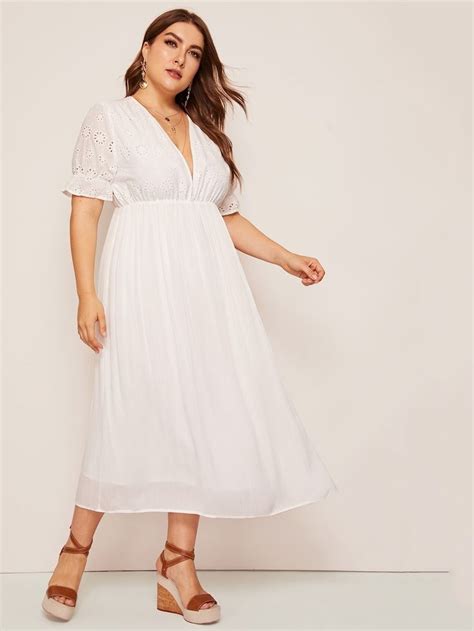 Shein Plus Plunging Eyelet Embroidered Bodice Smock Dress Plus Size