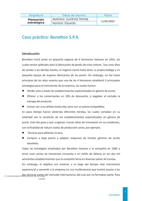 Caso Practico Benetton Planeación estratégica Apellidos Gutiérrez