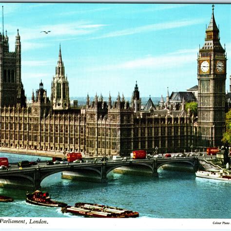 c1970s London, England Houses of Parliament Big Ben River Thames Chrome