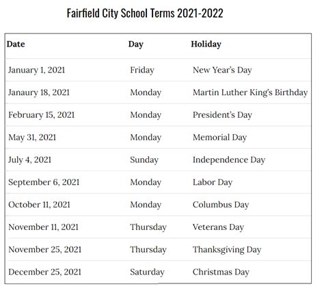 Fairfield City School Calendar 2021-2022 - US School Calendar