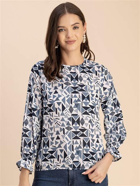 Buy Moomaya Geometric Printed Puff Sleeves Top Tops For Women