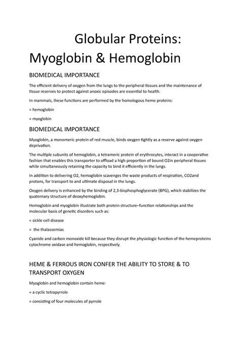 Globular Proteins And All Other Notes On Hemoglobin And Myoglobin