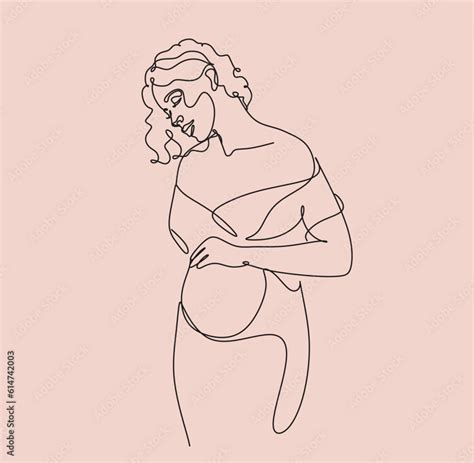 Pregnant Abstract Woman One Line Art Stylized Continuous Contour With Abstract Spots Lady