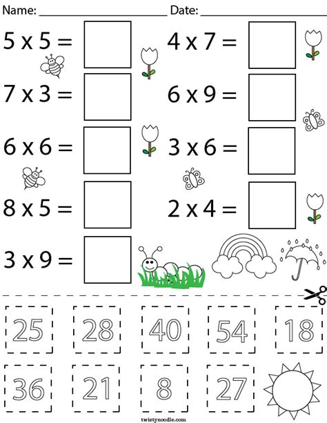 Spring Multiplication Cut And Paste Math Worksheet Twisty Noodle