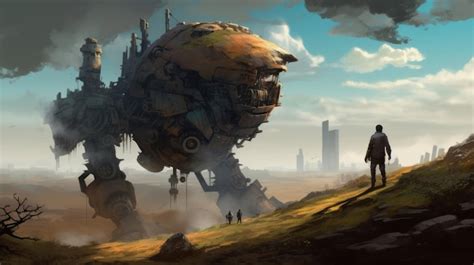 Premium AI Image | A giant robot is standing on a hill in the desert.