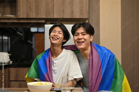 Asian Gay Couple Having Happy Moment And Spending The Day Together At Home Lgbt Flag Lgbt