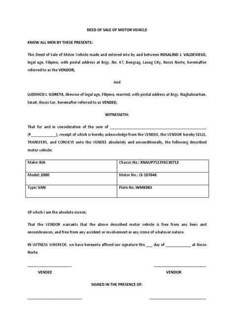 Deed Of Sale Of Motor Vehicle Deed Document