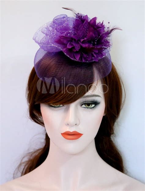 Tulle Fascinator Hut Lila Braut Federn Seide Blume Royal Vintage