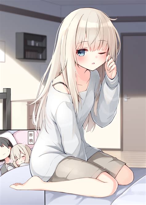 Safebooru 1boy 1girl Bangs Barefoot Bed Between Legs Blue Eyes Blush Closed Eyes Closed Mouth